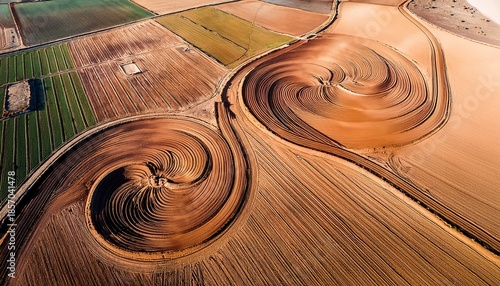 aerial view of spiral farmlands in arid landscape