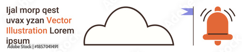 Communication, alert signals, notification systems, cloud technology, message alerts, digital interaction. A cloud next to a notification bell with text. Communication and alert signals concept