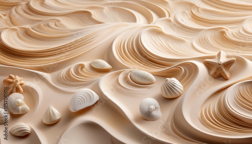 creamy swirls of tan and white resembling sand and waves with small shell pieces
