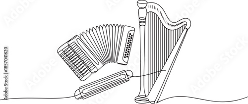 abstract Accordion Continuous line art of classical brand - accordion, harmonic, jewp's-harp. one line Art icon drawing
