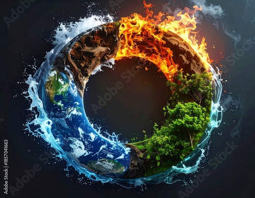 Symbolic ring; Earth embraced by elements water, fire, earth, air