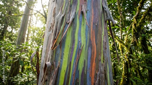 Close up texture of colorful Rainbow Eucalyptus tree bark peeling layers