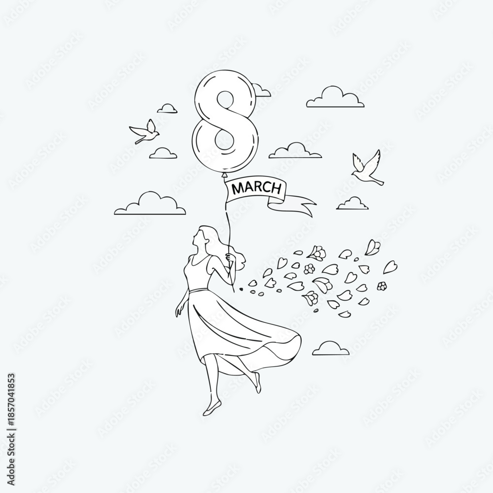 Obraz premium Woman holding number eight balloon with March banner International Women’s Day celebration vector illustration 