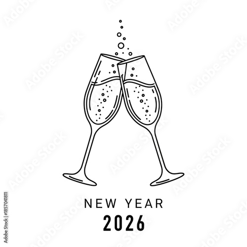 Two champagne glasses clinking together for New Year 2026 celebration.