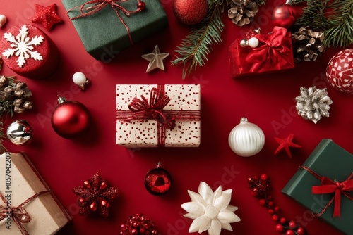 Presents wrapped in different colors and styles are arranged on a red surface. Decorative items like ornaments and pinecones surround the gifts. The scene captures the festive feeling of the holidays