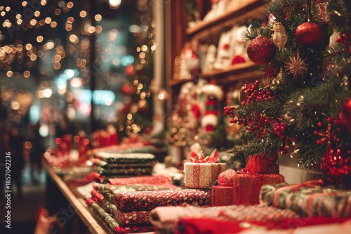 Colorful gifts and decorations fill a festive market stand. People walk in the background. Warm lights create a lively atmosphere during the holiday season