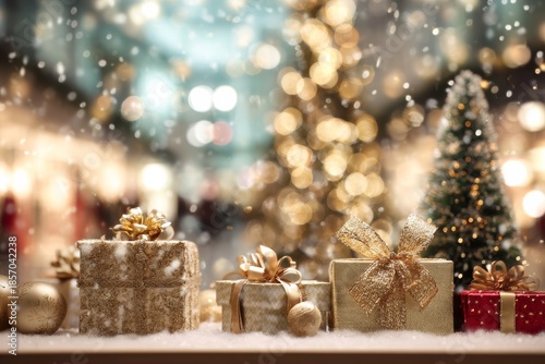 Small presents wrapped in shiny paper sit on a shelf with a Christmas tree in the background. Snow falls softly as shoppers pass by in a busy store