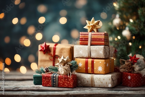 Wrapped gifts sit on a wooden table next to a Christmas tree. The decorations shine with lights in the background. The scene captures the spirit of holiday celebrations