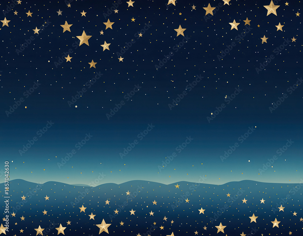 Fototapeta premium Seamless dark midnight sky background with gold stars and blue gradient horizon, festive New Year or celebration night backdrop for design and digital projects