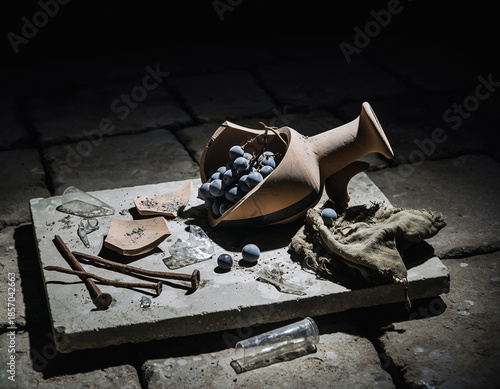 Ultra-realistic still life of shattered ceramic jug with grapes, vintage nails, broken glass and cloth on aged concrete slab in dramatic lighting