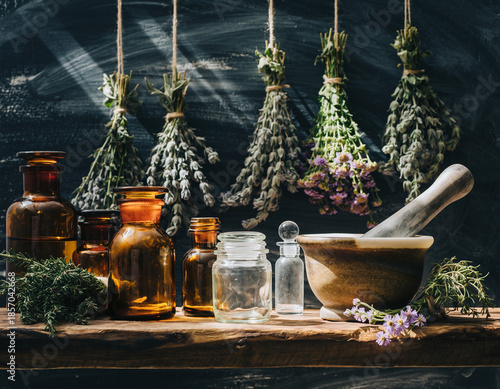 Vintage Herbal Apothecary Still Life with Dried Herbs, Glass Bottles, and Mortar and Pestle on Rustic Wooden Shelf