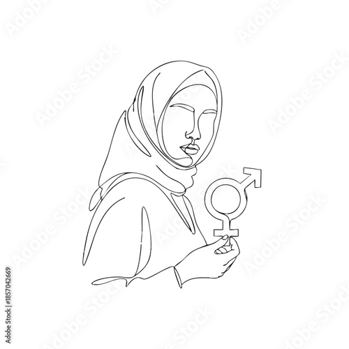 Woman Wearing Hijab Holding Gender Equality Symbol Line Art Illustration for Social Justice and Feminism Awareness Campaign 