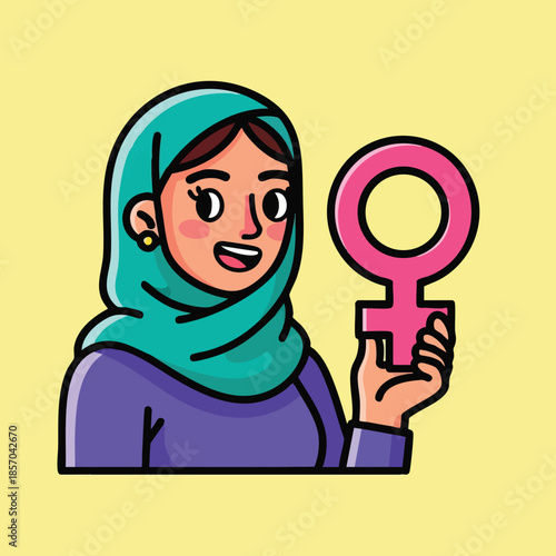 Woman wearing teal hijab holding pink female gender symbol vector illustration for feminism and empowerment concepts 
