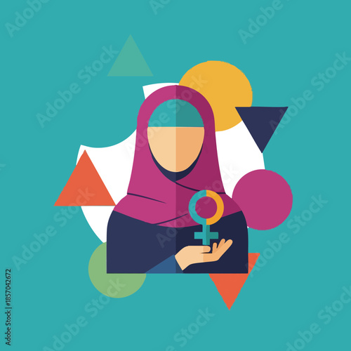Woman in purple hijab holding female gender symbol with colorful geometric shapes background vector illustration 