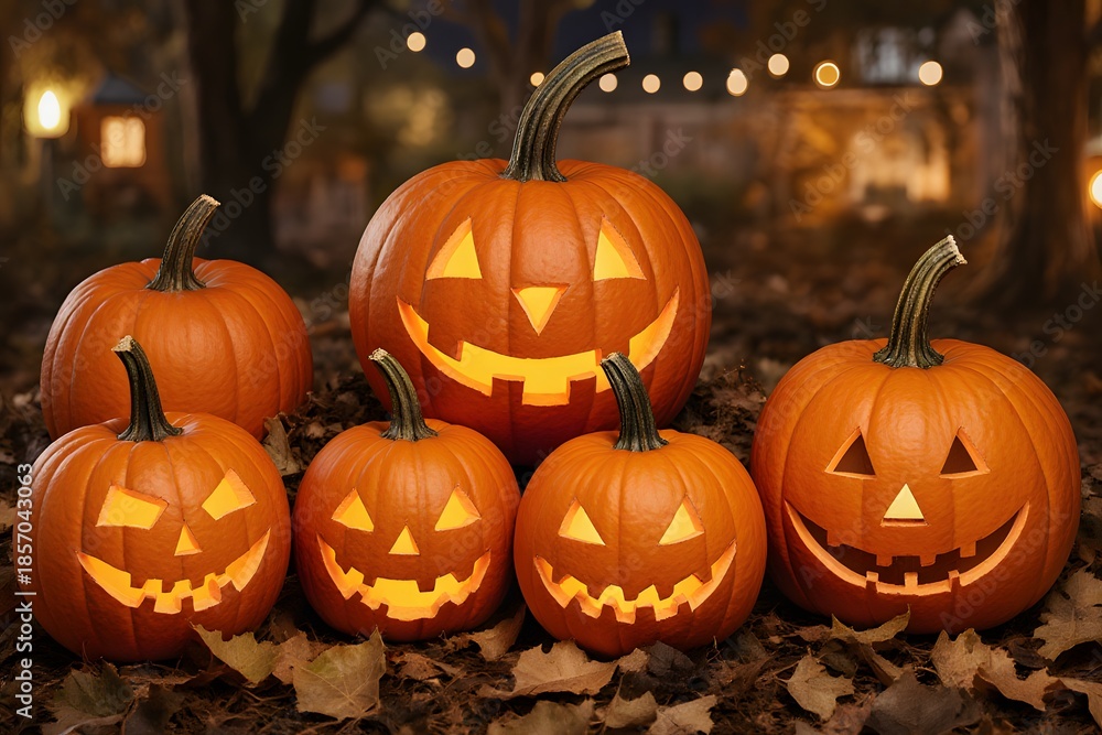 Fototapeta premium Collection of grinning jack-o'-lanterns glowing warmly on a dark night