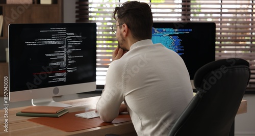 Fényképezés Programmer in glasses working on computer with dual monitors at table in office