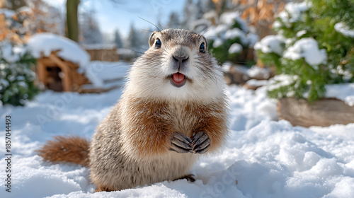 Prairie dog standing alert in a snowy landscape, showing a curious and engaging expression with its mouth open and paws together in the bright winter sun