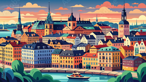 Very beautiful panoramic cityscape of Stockholm’s Old Town Gamla Stan, viewed from City Hall, showcasing historic rooftops, waterways, and timeless Scandinavian urban heritage.