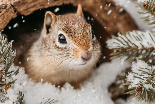 Chipmunk peeking out from a log, nestled in fresh snow and pine needles during winter, embodying the resilience and charm of wild animals in cold environments