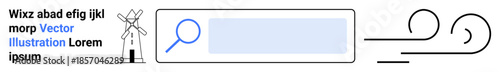 Energy, search functionality, keywords, online research, navigation, efficiency. A windmill, magnifying glass in a search bar and abstract lines. Search functionality and energy concept
