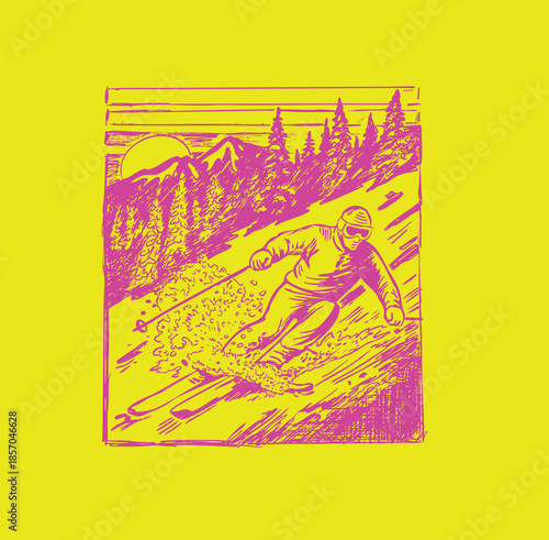 Retro graphic of man skiing down  snow covered mountain slope drawn in vector to change colors great for t-shirt design