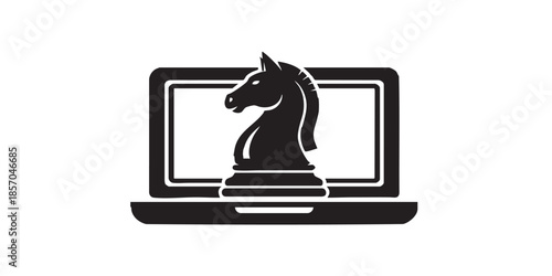 Laptop with knight chess solid icon, chess game concept. Vector graphics. Online gaming sign on white background, style icon mobile or web design.
