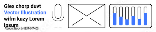 Microphone, envelope, and bar graph with blue highlights represent communication and data analysis. Ideal for communication, analysis, presentation, technology, marketing, business simple landing