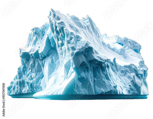 Large, blue-tinged iceberg isolated on a black background, with jagged, textured surfaces