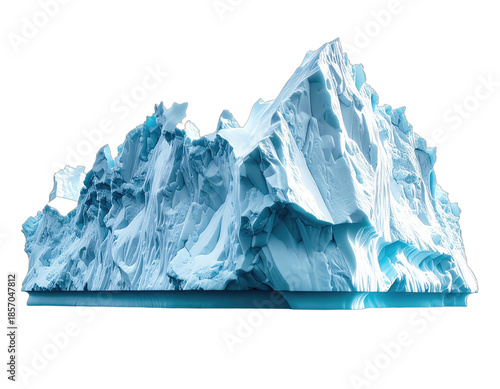 A large, glacial formation, floating on an unseen body of water, against a black background