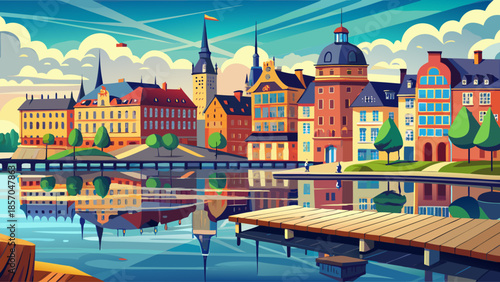 Very beautiful waterfront scene in Stockholm featuring a wooden jetty and modern building reflected on calm water, expressing peaceful Scandinavian urban life and coastal simplicity.