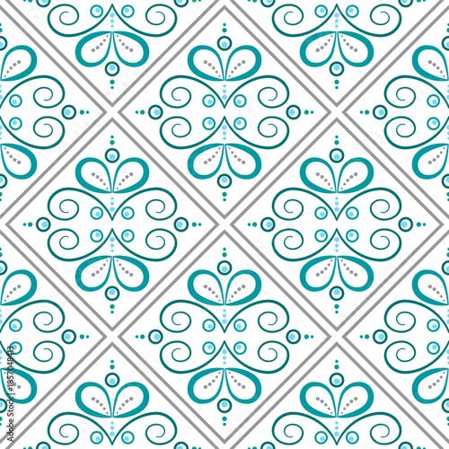 Seamless pattern in vintage stale. Complex ornament of curved lines and curls. Blue filigree elements on white background. Mosaic tile decor