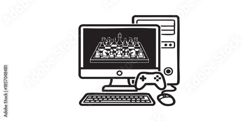 Personal computer with game app solid icon, online chess concept. Vector graphics. Gaming sign on white background, style icon mobile or web design.

