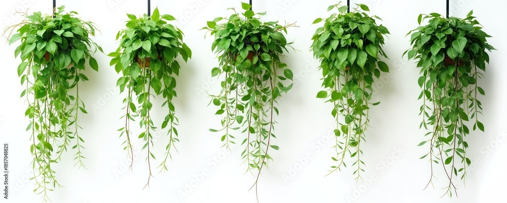Naklejka premium Five lush green hanging plants cascade down against a clean white wall. These verdant leafy vines add natural beauty and life to any indoor space. They offer a simple, organic decorative element.