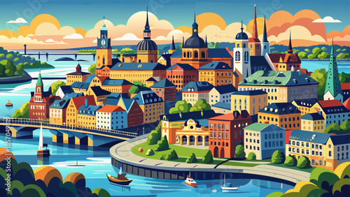 Very beautiful panoramic view of Stockholm showcasing islands, bridges, historic buildings, and waterways, highlighting the unique layout and elegance of Sweden’s capital city.