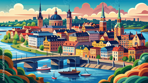 Very beautiful panoramic view of Stockholm showcasing islands, bridges, historic buildings, and waterways, highlighting the unique layout and elegance of Sweden’s capital city.