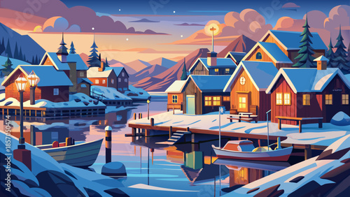 Very beautiful winter scene of a Swedish fisherman village after sunset, featuring snowy rooftops, soft lights, and a calm Scandinavian coastal atmosphere during the cold season.