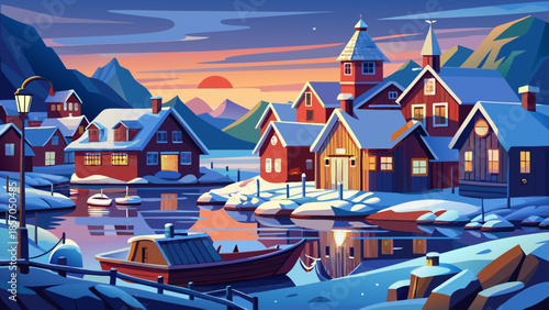 Very beautiful winter scene of a Swedish fisherman village after sunset, featuring snowy rooftops, soft lights, and a calm Scandinavian coastal atmosphere during the cold season.