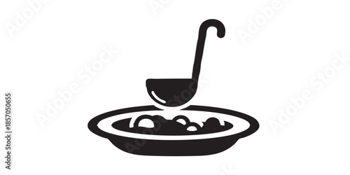 Ladle and plate of soup solid icon, cooking food concept. Vector graphics. Food sign on white background, style icon mobile or web design.
