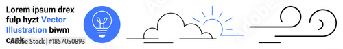 Innovation, creativity, nature, energy, sustainability, weather. Minimalist lightbulb, cloud and airflow lines. Innovation and creativity through clean and modern visuals of ideas and nature
