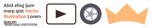 Media play, royalty, automotive, branding, multimedia, symbols. Black play icon, gray wheel orange crown and placeholder text. Media play and royalty icon concepts