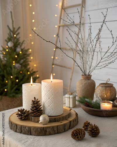 Hygge holiday decoration scene, minimal Scandinavian ornaments, candles, natural textures, soft warm light, copy space