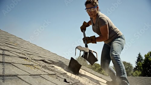 Wallpaper Mural Woman cleaning roof with rake on sunny day. Torontodigital.ca