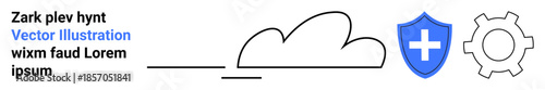 Cloud storage concept with security shield and settings gear highlighting data safety, protection, and configuration. Ideal for technology, cloud computing, data security, customization, IT services