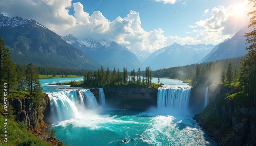 Fototapeta premium Cascading waterfalls plunge into turquoise water surrounded by lush green forests and majestic mountains under bright blue sky with fluffy clouds. Powerful flow creates mist rising into sunlit air.