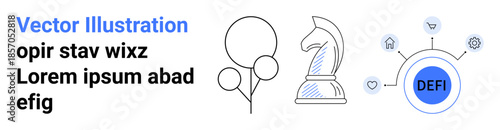 Decentralized finance, investment strategy, blockchain technology, decision-making, innovation, strategic planning. Chess knight, balloons defi circle with icons. Decentralized finance