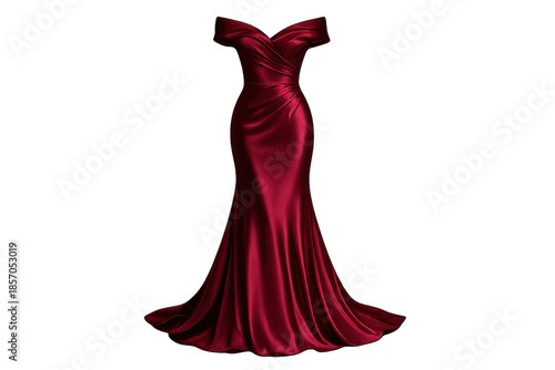 Elegant red dress with a transparent background on black backdrop.