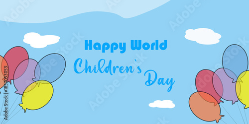 Happy world children day with balloon and cloud ornament banner