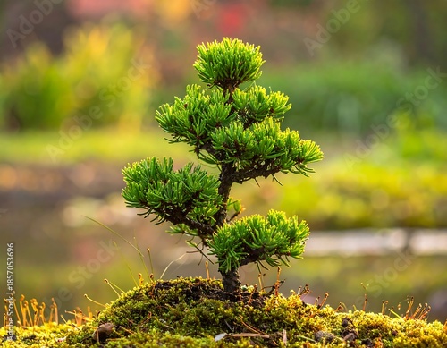 Tiny, vibrant green tree atop mossy mound against a blurred natural backdrop