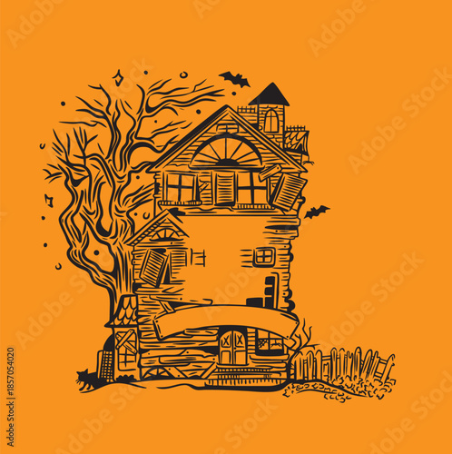Vector illustration of haunted house with spooky trees, bats and boarded windows drawn with open text placeholders for headline and type for Halloween ad