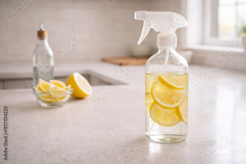 Lemon slices in clear spray bottle filled with liquid on kitchen countertop with bowl of lemon wedges and bottle in background, bright natural light creating fresh atmosphere
